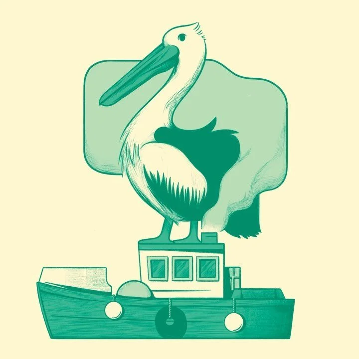 A lil pelican on a boat moment. 

Most of the time my drawing process starts with little sketches and love when they come together in fun ways. 

#pelican #boat #nautical #digitalillustration #procreate