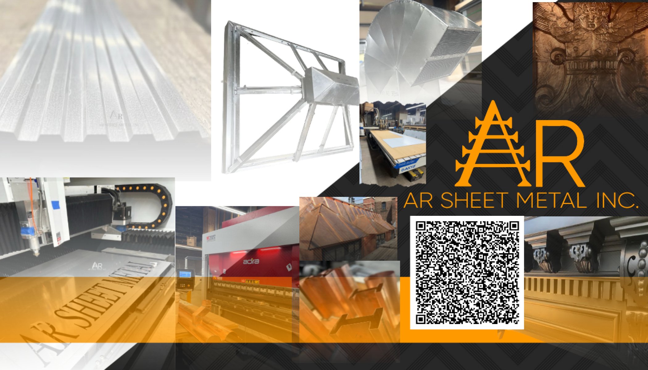 Collage of various metalworking processes and products, including sheets of sheet metal, a CNC machine, a metal frame, metal sheeting, architectural metalwork, and the logo of AR Sheet Metal Inc. with a QR code.
