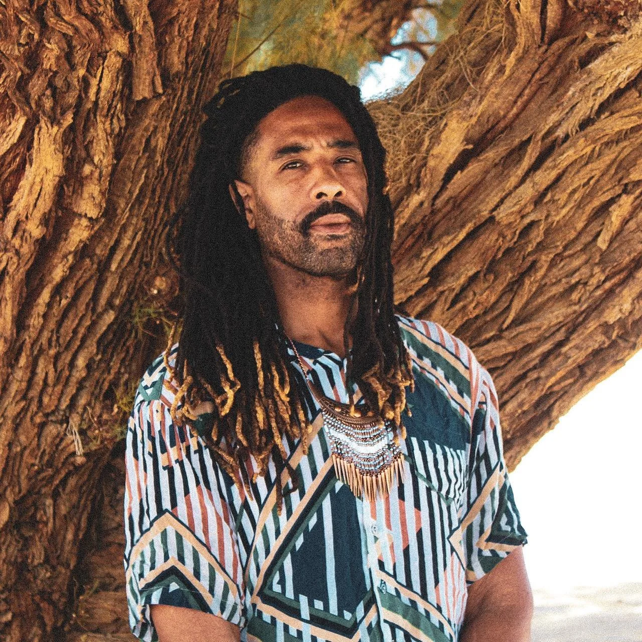 A man with dark braided hair, a beard, and mustache, standing outdoors beside a large tree with textured bark. He is wearing a patterned shirt with geometric designs and layered necklaces. The background is bright with sunlight and cloudy sky.