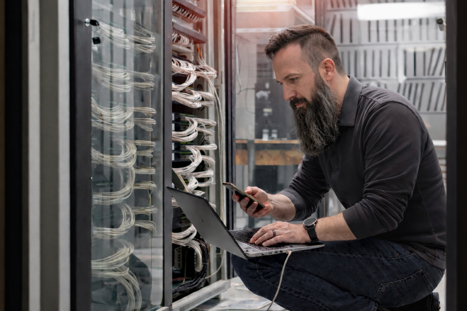 Man with a beard working on a laptop and holding a smartphone in a server room with cables and server racks.