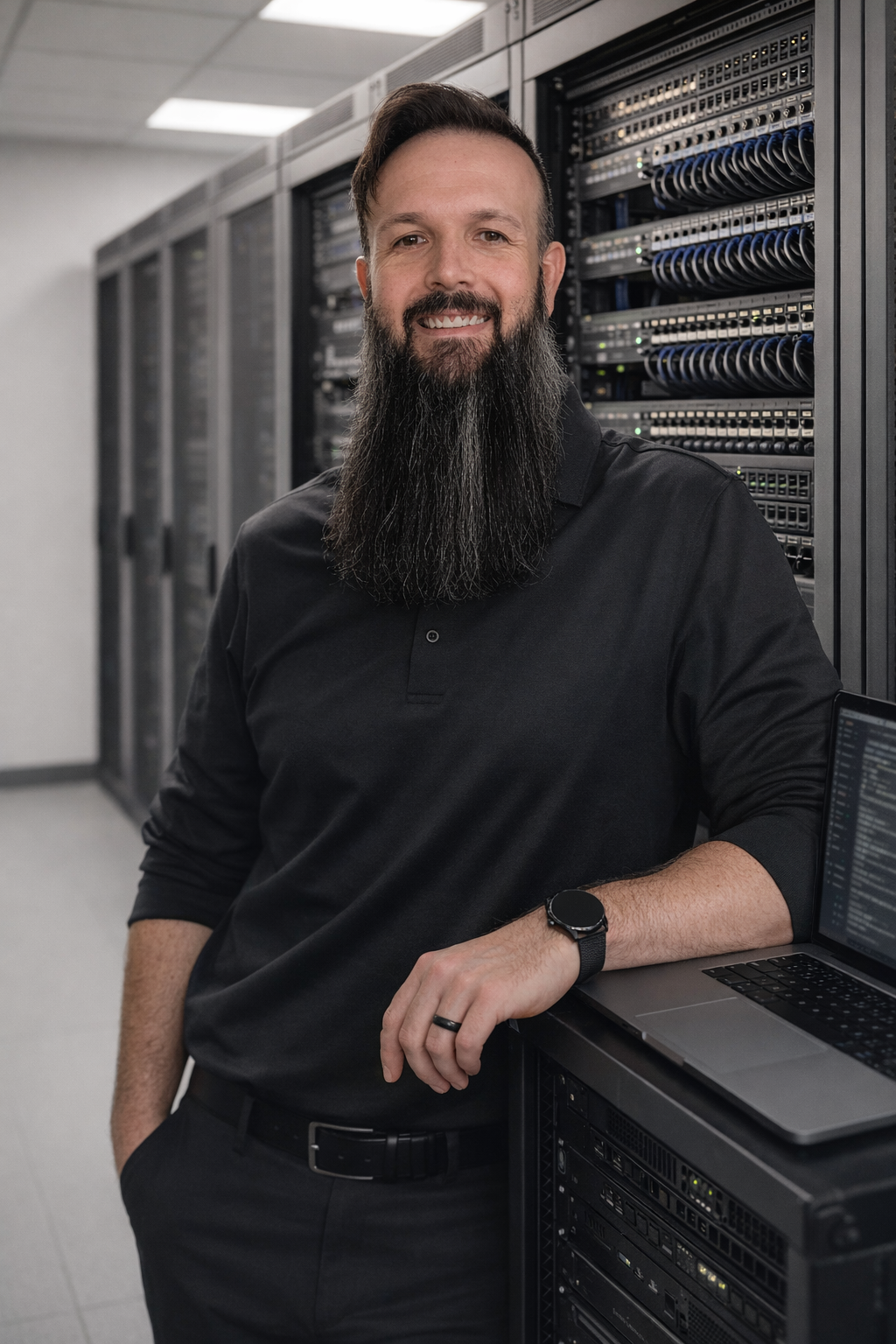A bearded man in black shirt smiling in a server room with server racks and a laptop.