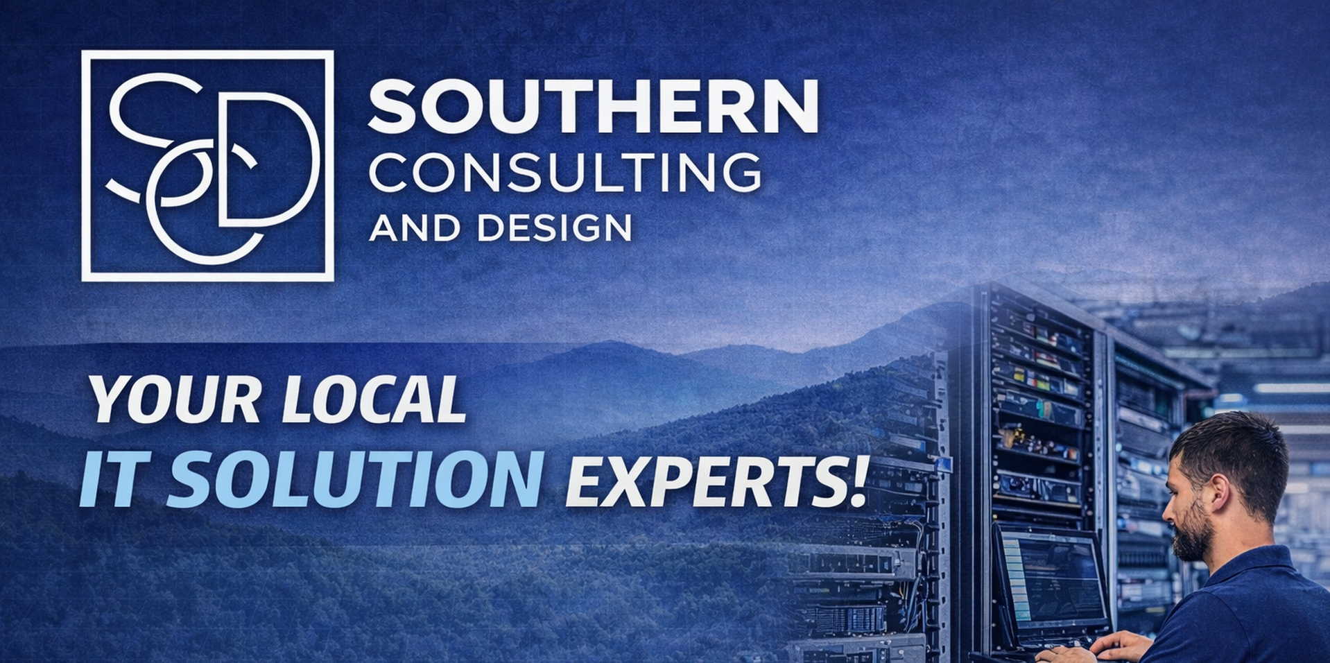 A man working on a computer in a server room with racks of servers, with mountains in the background. The image promotes Southern Consulting and Design, stating they are your local IT solutions experts.