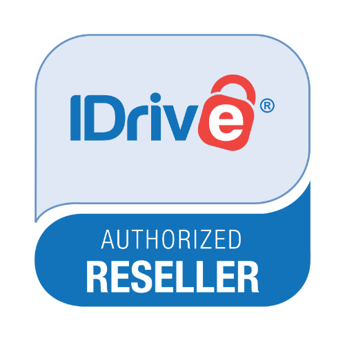 IDrive logo with a speech bubble and an authorized reseller badge.