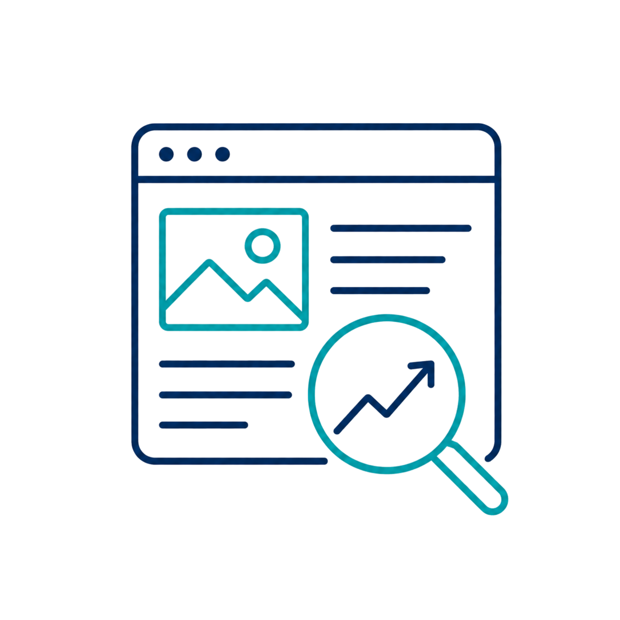 Digital illustration of a computer window with a landscape picture and a pie chart, with upward and downward arrows indicating data or trend analysis.