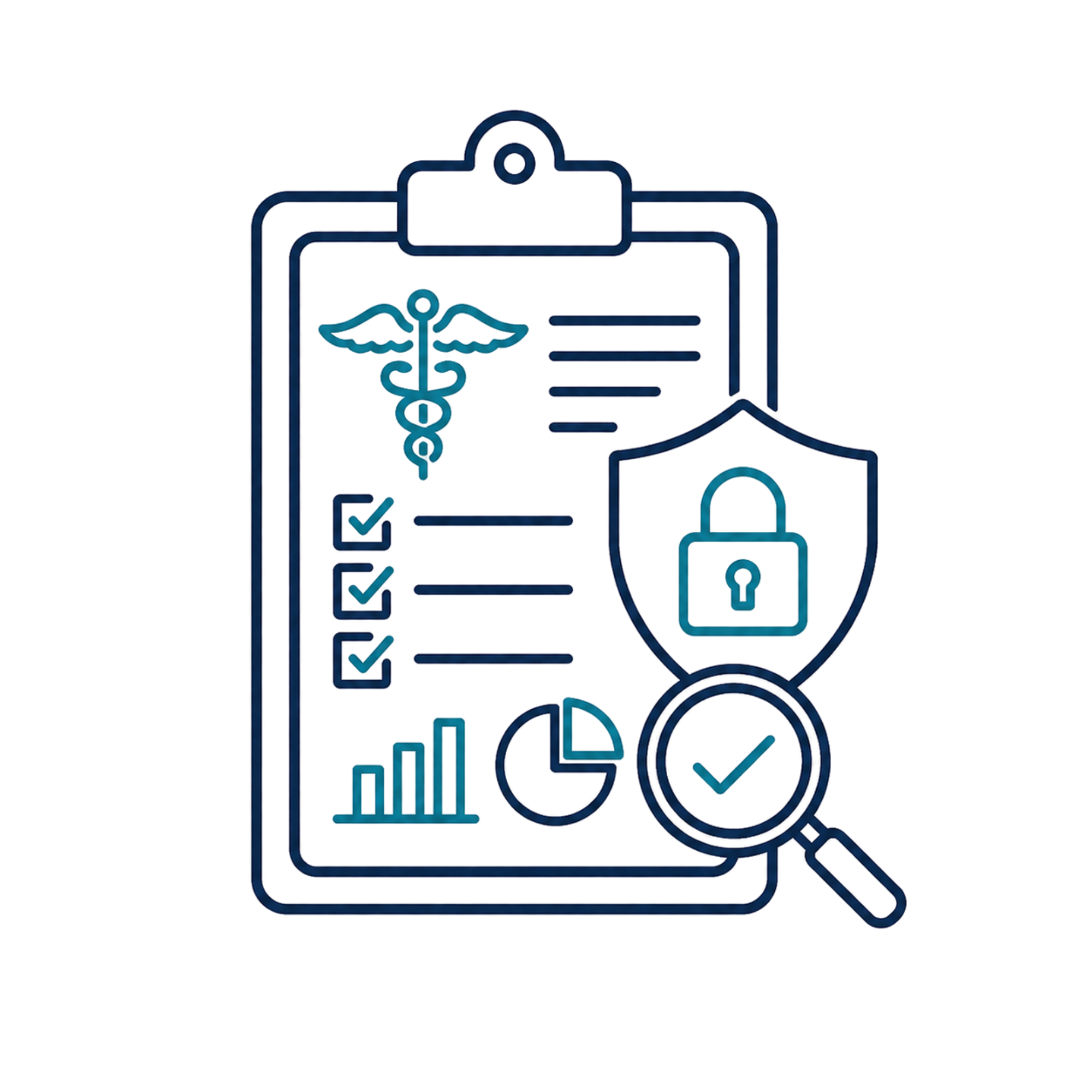 Neon outline of a clipboard, medical caduceus symbol, checkmarks, and a lock on a black background.