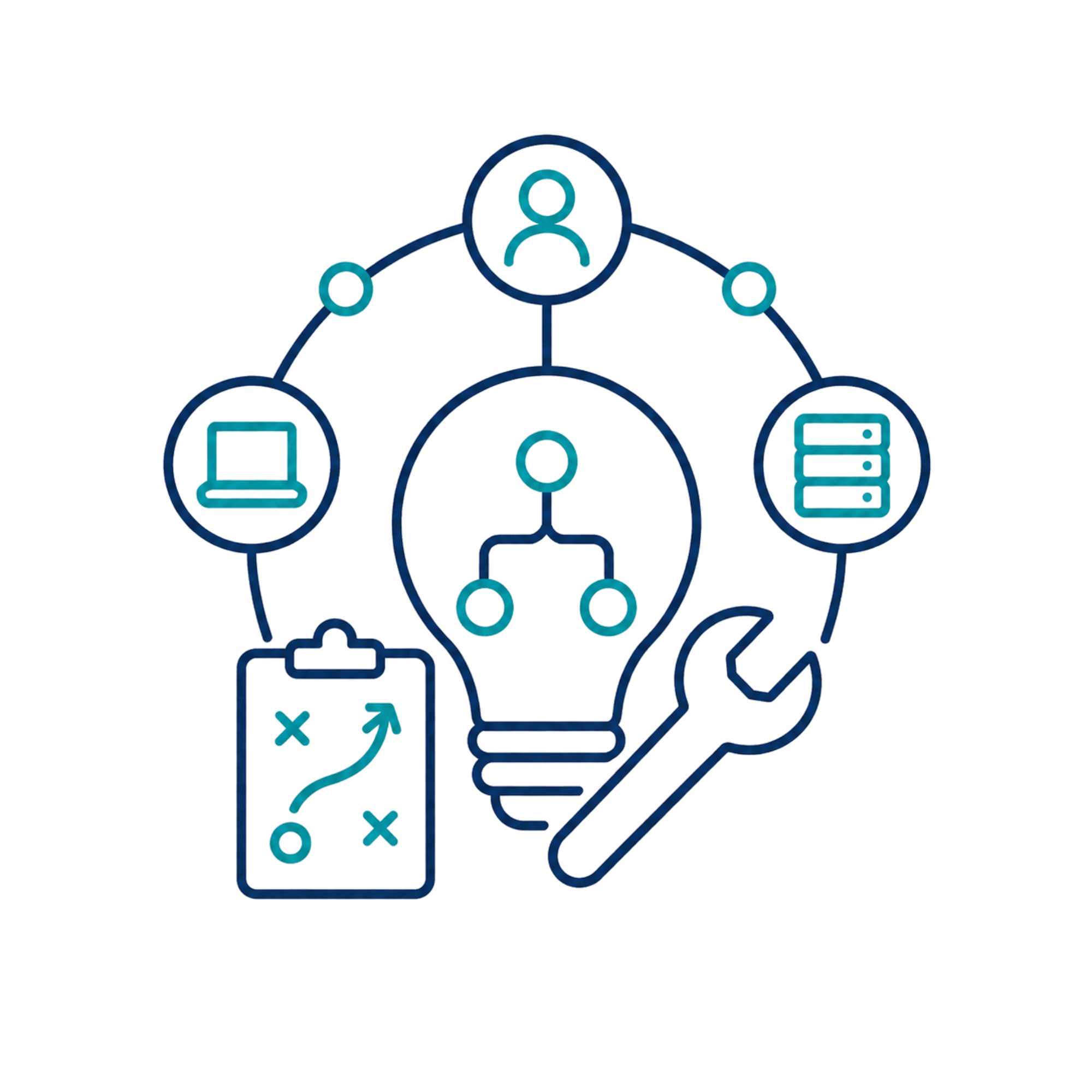 Digital graphic depicting interconnected icons representing technology, communication, and data, connected by lines to a central human profile symbol.