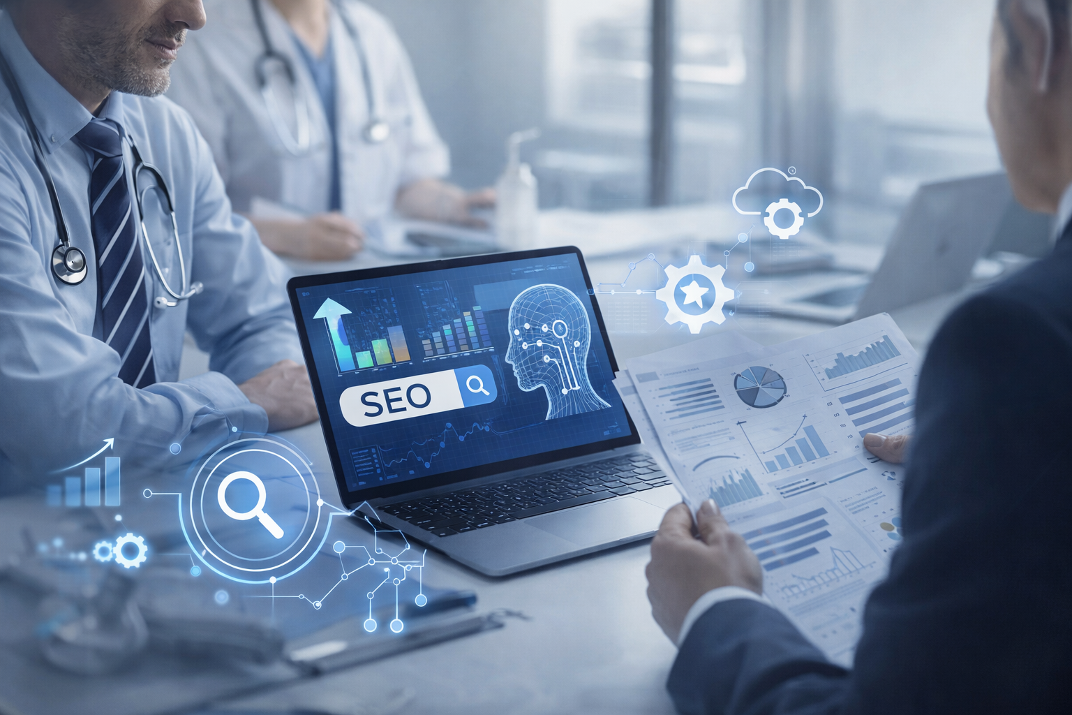 Business meeting in a hospital or medical setting with doctors and a person in a suit discussing SEO strategies, with digital graphs and icons on laptops and papers.