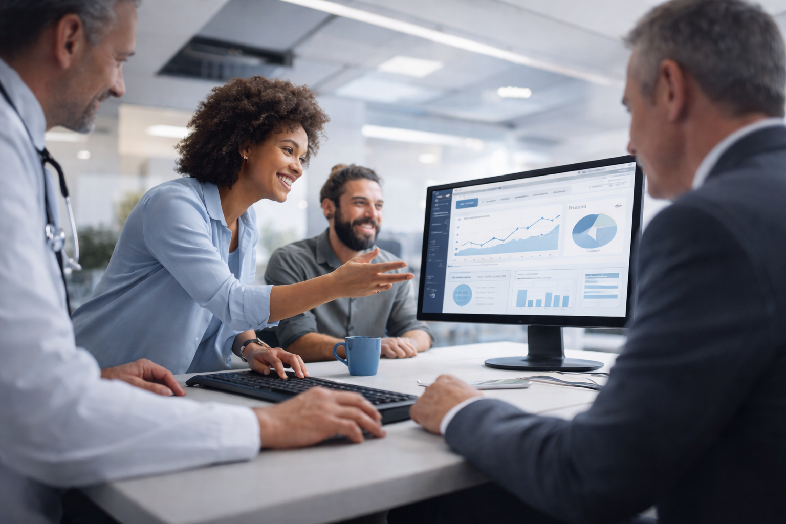 A diverse group of four professionals in a meeting room, discussing data displayed on a computer screen showing charts and graphs.