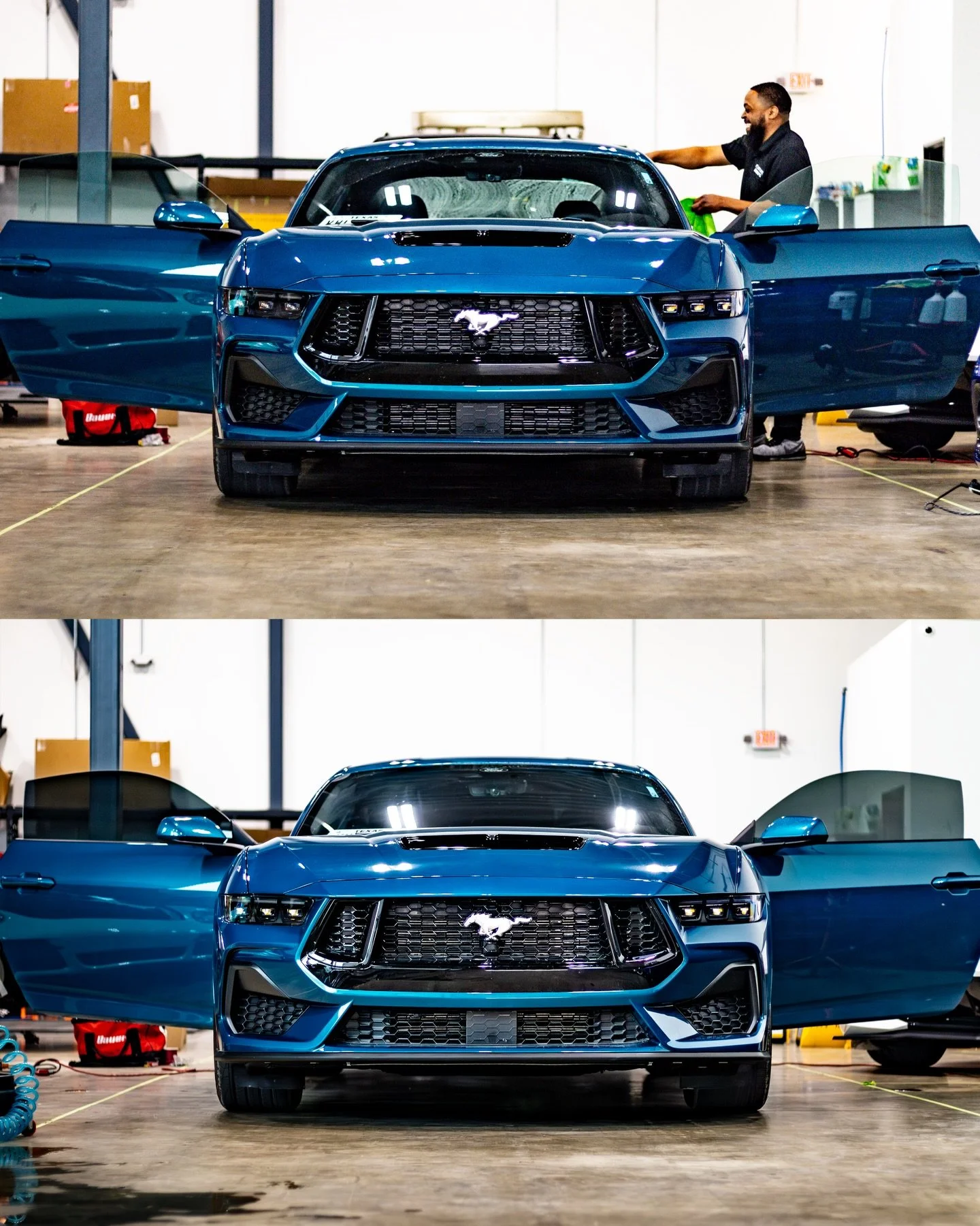 This brand new 2026 Adriatic Blue Mustang came in for ceramic window tint and a sun strip☀️