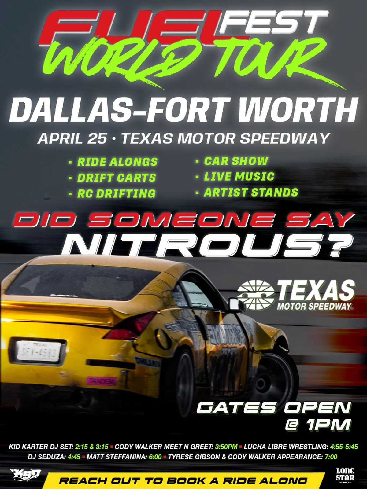 Come get a ride with @adamleebmx out at Texas Motor Speedway, first event testing the new nitrous setup! Fuelfest is always a great time so make sure you stop by and enjoy the cars, culture, and drifting!