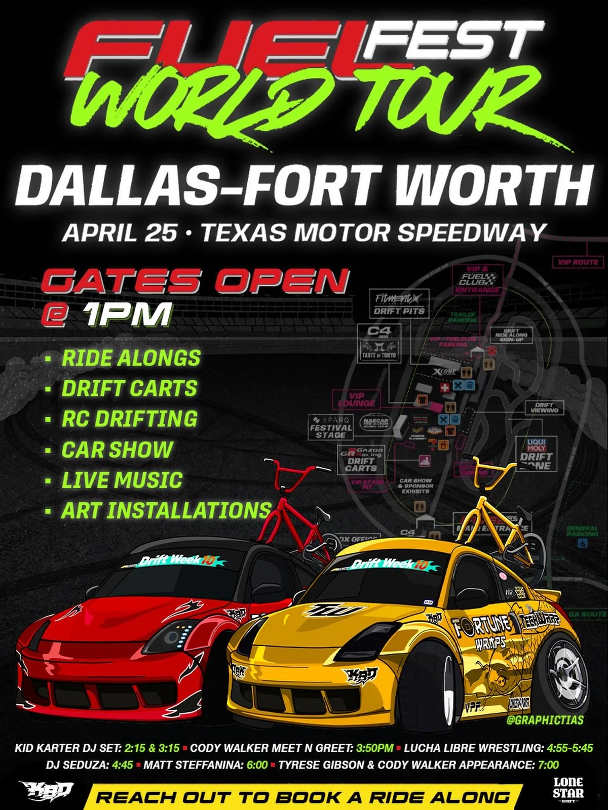 Tomorrow&rsquo;s the day! Make sure to join us out at @txmotorspeedway for @fuelfest as they stop in Dallas during their world tour. We&rsquo;ll have all 3 cars out and running laps with @briandrifts in his VHR swapped S13 (tandem ready), @adamleebmx