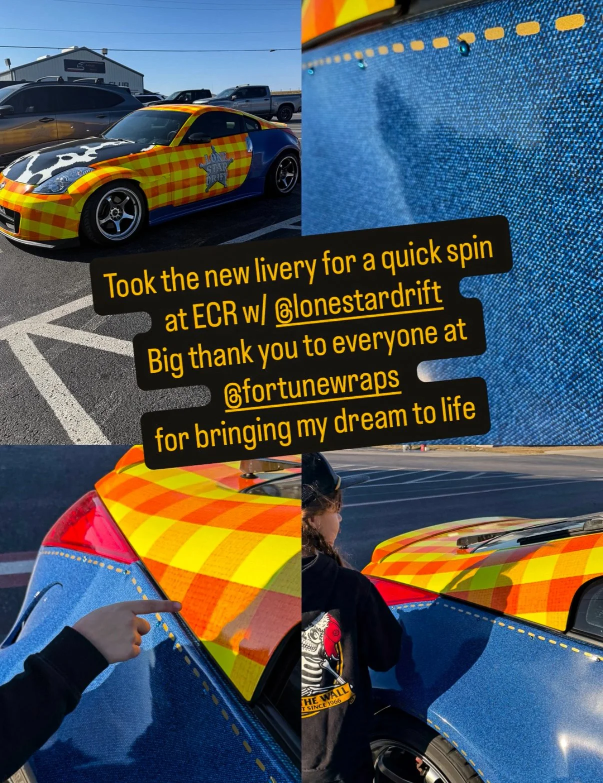 Screen Shot of an instagram story from a customer that was very pleased with how their livery wrap looked. It shows up close details of the design including textures and patterns we added to pull the design together as well as hand placed stiching