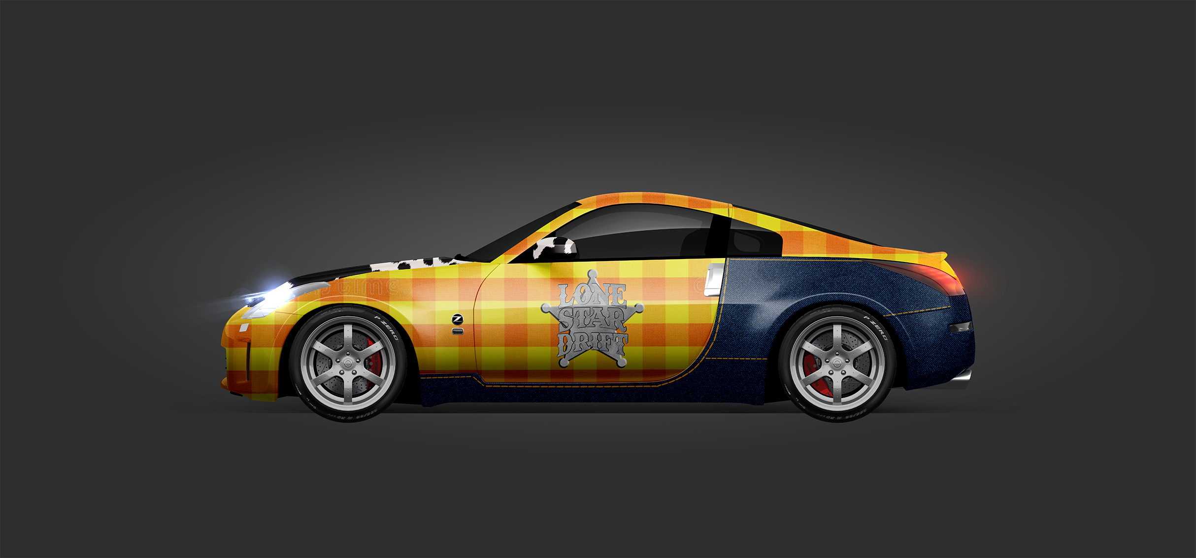 The Final Render we sent to the client on a woody 350z design before sending files to a print shop and installing the vinyl livery on the car