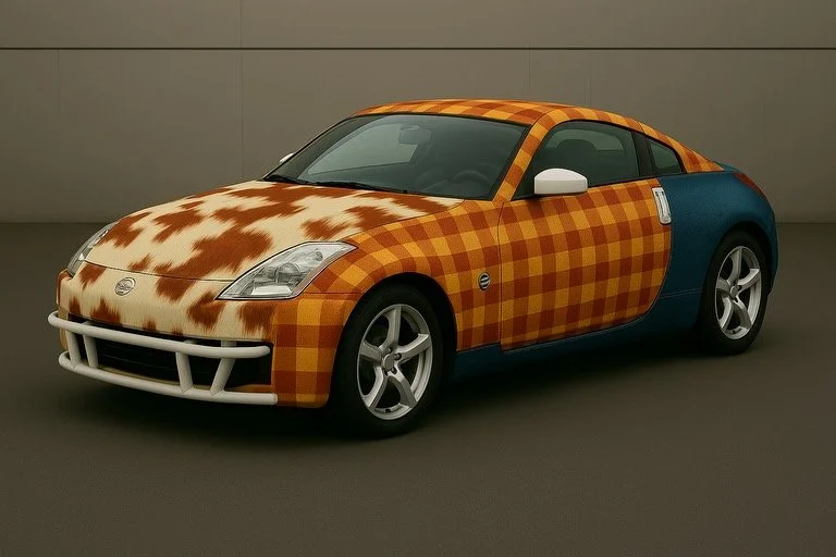 AI render of a livery design that a customer sent to us and we were able to find matching assetts and patterns for so that we could clean up and recreate the design to install on the real car