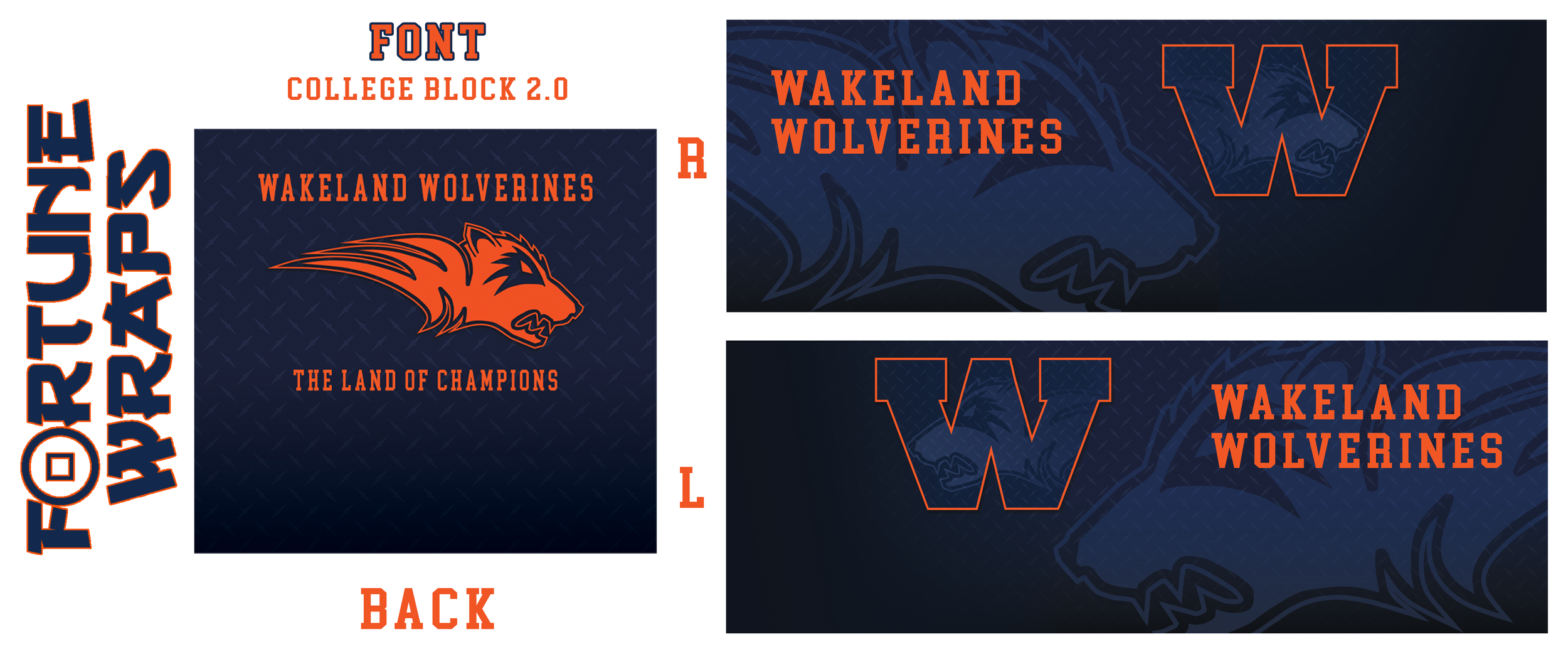 Graphic design for a school sports team equipment and supply trailer with the team name 'Wakeland Wolverines'. This is the design render we sent over before printing that includes final font, color, and sizing for everything while giving a visual