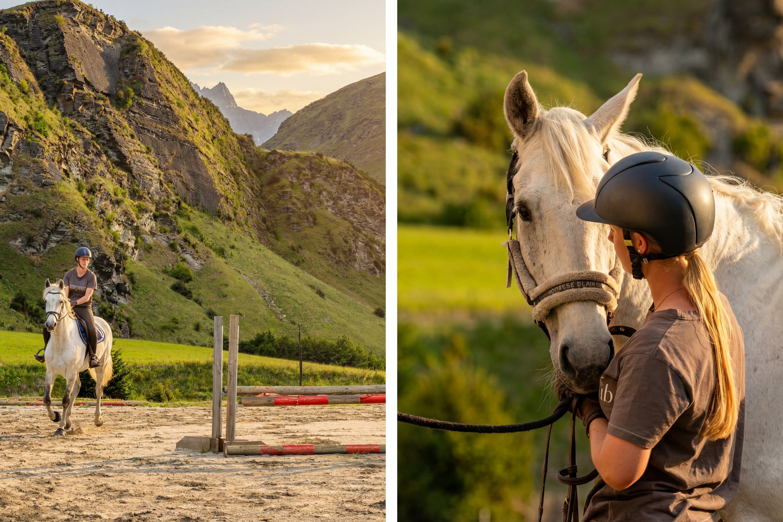 A person riding a white horse in an outdoor riding arena with a mountainous landscape in the background on the left. On the right, a woman wearing a helmet is holding the reins of a white horse and is standing close to its head in a grassy field.