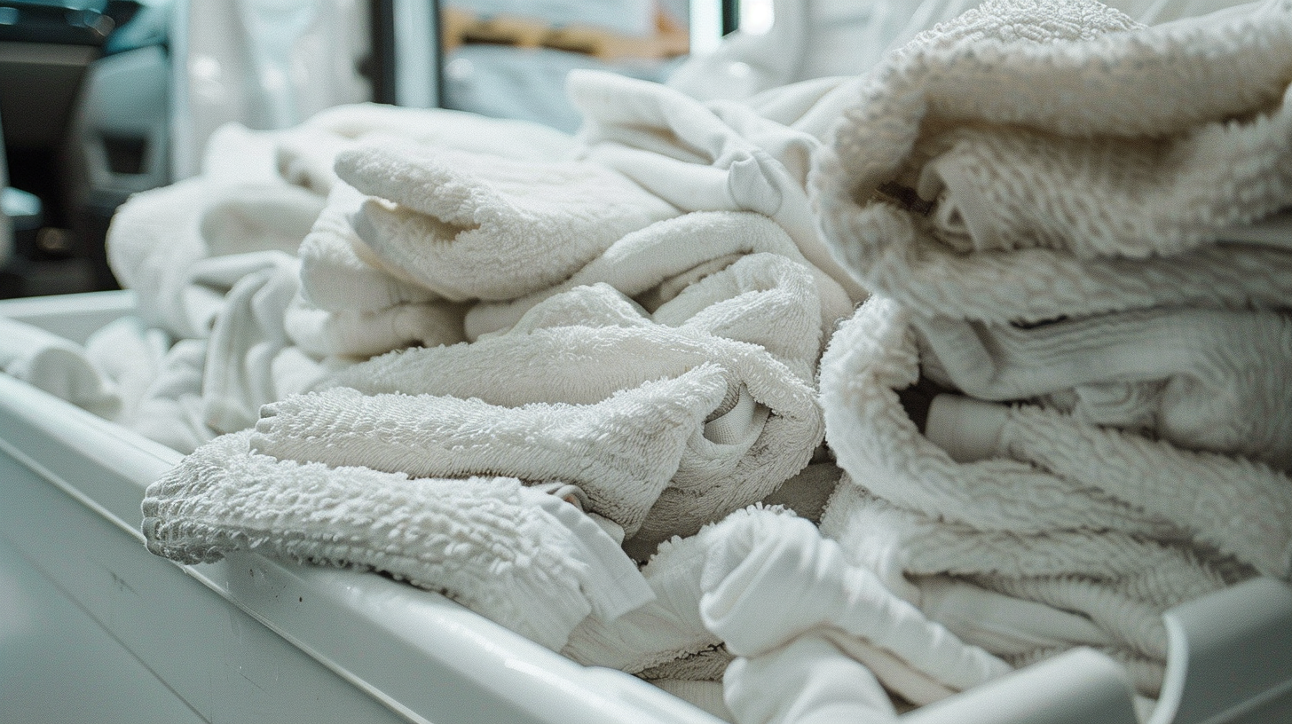 Pile of clean white towels in a laundry basket.