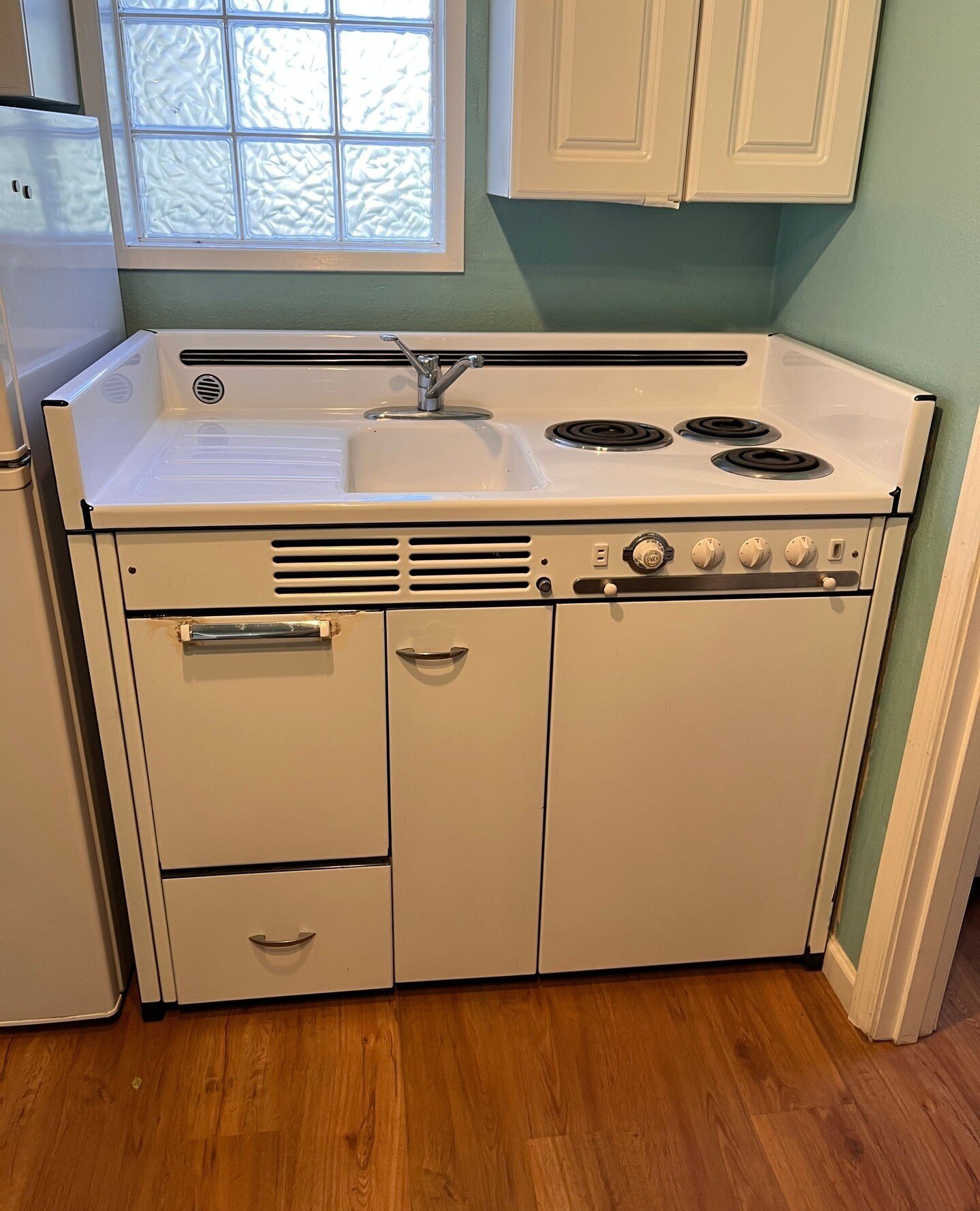 Look at this darling contraption! ⁠
⁠
It is a sink, drain board, three burner stove top, and an oven all in one compact unit.  I LOVE it!⁠
⁠
⁠
#retro #vintage #allinone #milunit #forsale #eugene #oregon #toocute