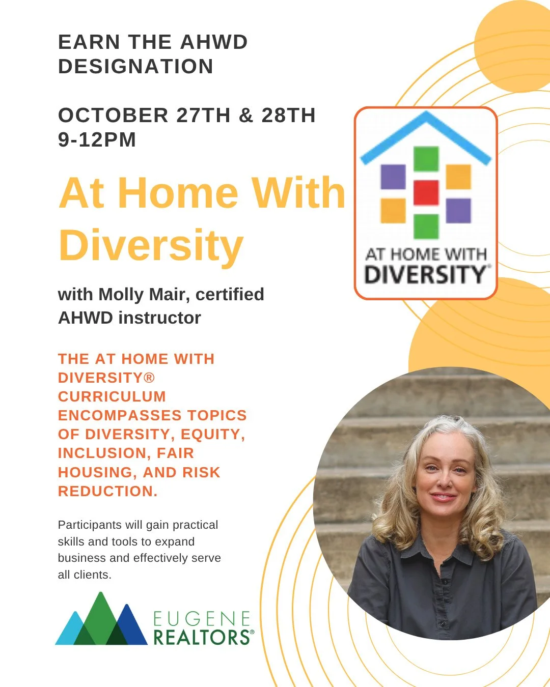 Hi Friends! I am excited to teach At Home With Diversity this month, Oct 27 &amp; 28th. Woot! ⁠
⁠
At Eugene REALTORS&reg; we earned a grant to offer this course for a super discount for our members, $10!! ⁠
⁠
The course work for the At Home with Dive
