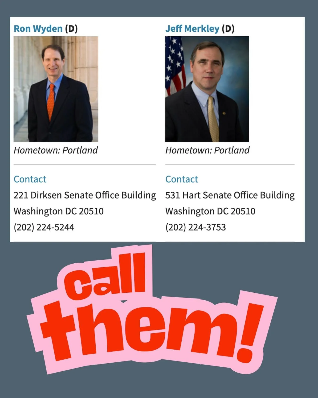 Someone answered for Merkely, left a message for Wyden. 

There are sooooo many reasons to call. Today, it was to stop funds for ice.