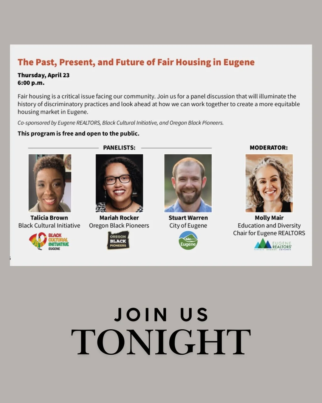 It&rsquo;s tonight!! 

I am so excited to host this important conversation about fair housing in Eugene (my favorite little city) with local leaders exploring how housing policies have shaped where we live. 

Free and open to the public. 
1680 E 15th