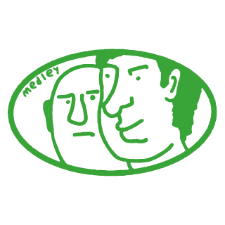 Green oval logo with line drawings of two faces and the word 'medley'