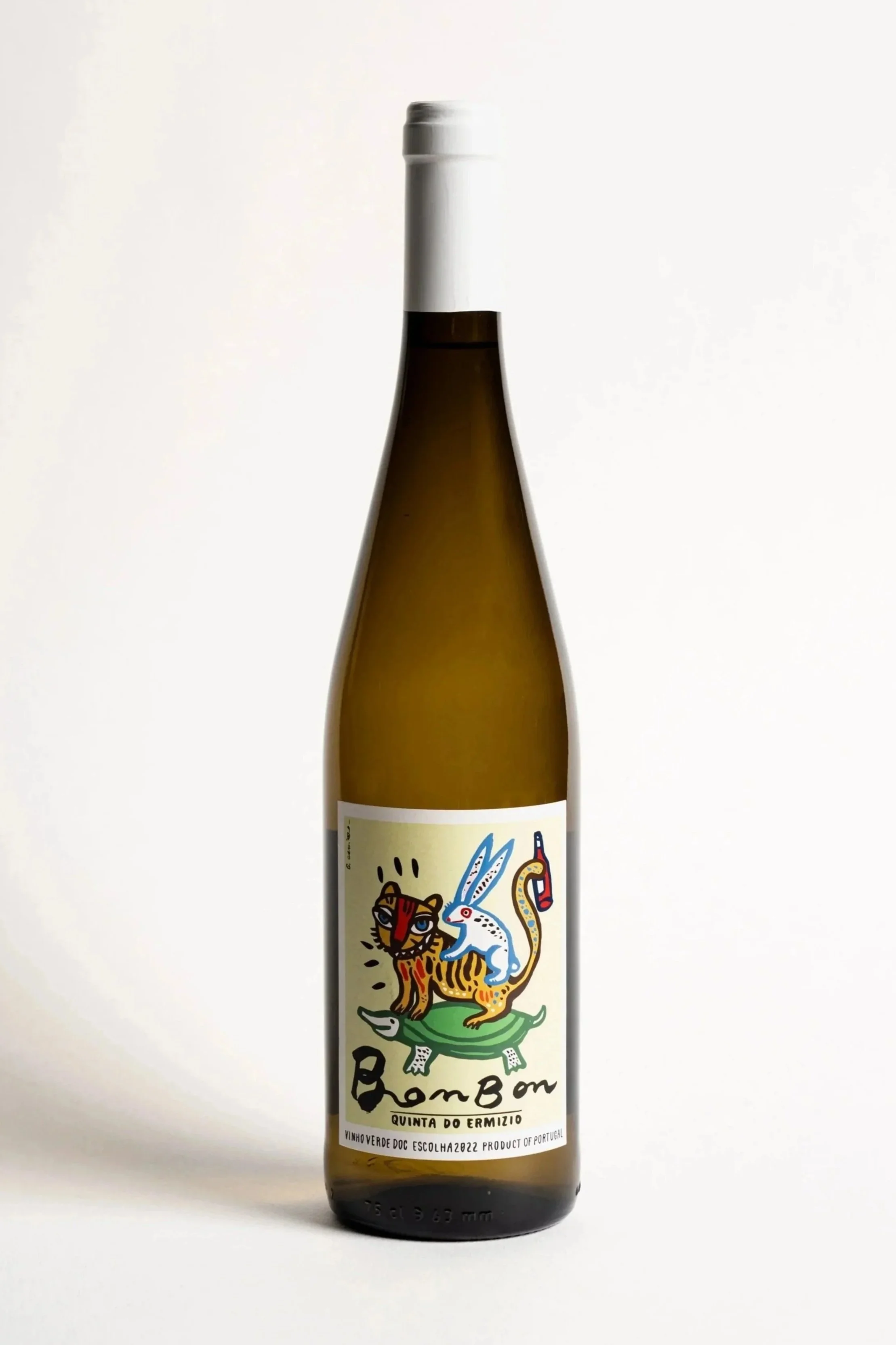 A green wine bottle with a colorful label featuring a cartoon tiger, a rabbit, a snake, and a crocodile. The label includes the text 'Bambon' and 'Quinta do Ermizio', indicating it's a Portuguese white wine.