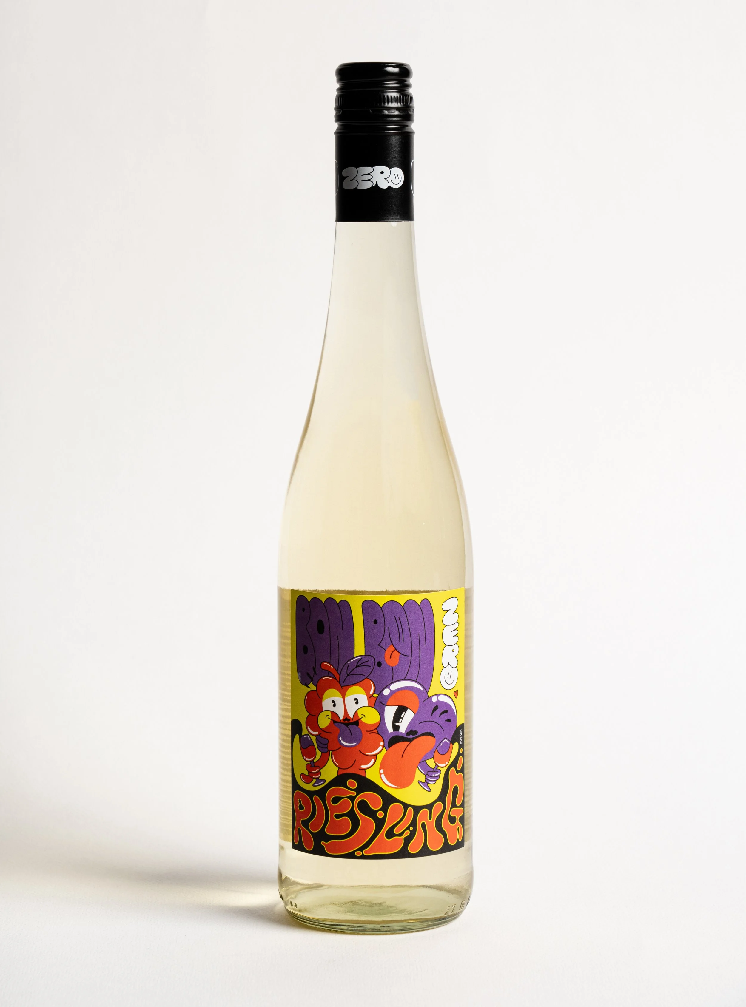 A clear glass bottle of wine with a colorful cartoon-style label featuring characters with exaggerated faces and text that reads 'Resling' and 'One'.