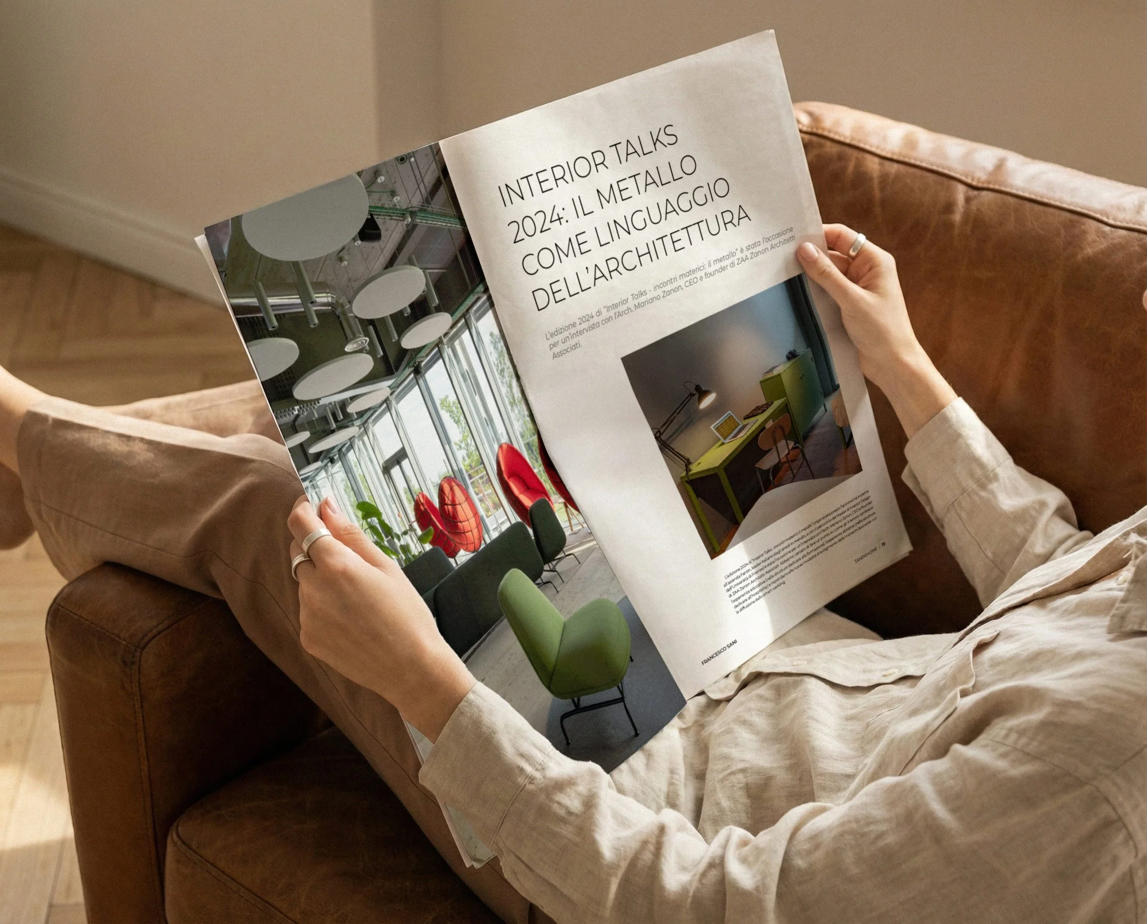 Esempio di layout editoriale e gabbia grafica per T Magazine: bilanciamento tra testi e immagini di design d'interni contemporaneo.