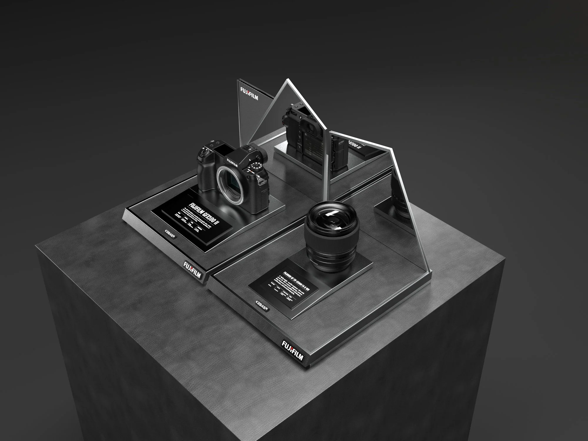Vista laterale del display espositivo Fujifilm con alloggiamento per macchine fotografiche istantanee e pellicole.