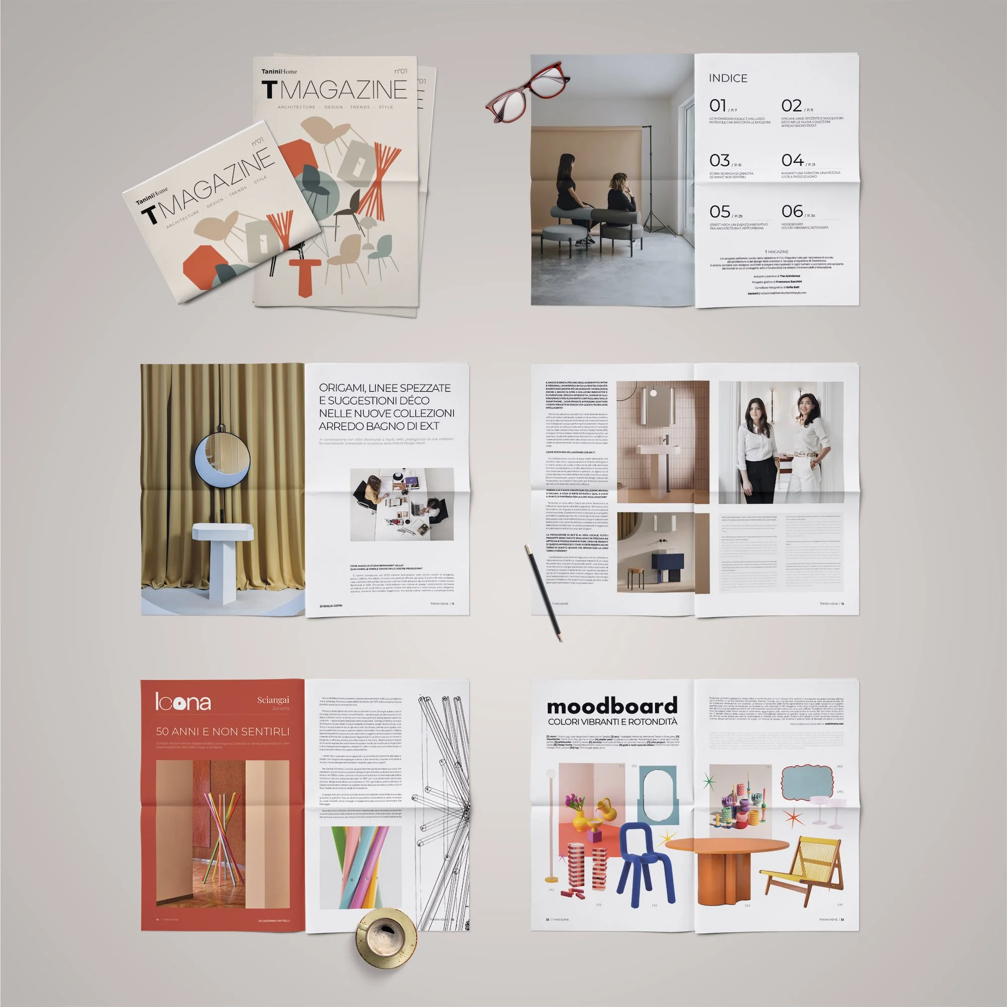 Una rivista di arredamento e design con vari articoli, fotografie di interni ed esterni, e accessori decorativi disposti su una superficie chiara.