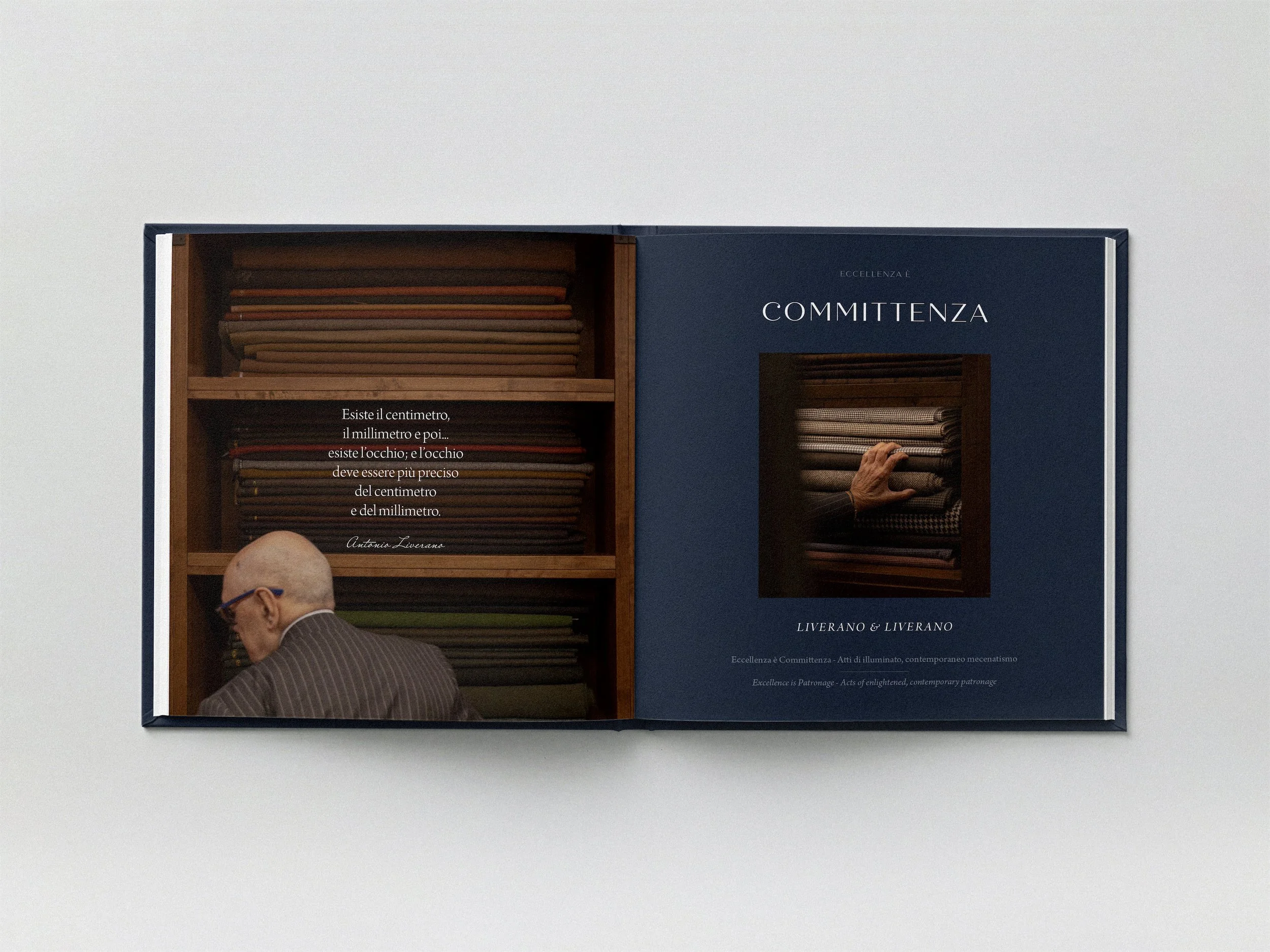 Dettaglio di un'impaginazione interna: fotografia d'autore che ritrae i gesti dei maestri artigiani fiorentini in un layout bilingue.