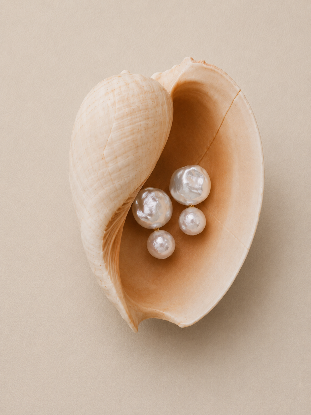 AI campaign visual jewellery 
A large seashell shaped like a heart with four pearl earrings inside, set against a beige background.