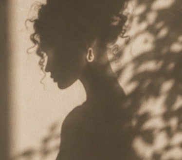 AI campaign visual jewellery   Silhouette of a woman with curly hair against a wall with shadows, instagram content
