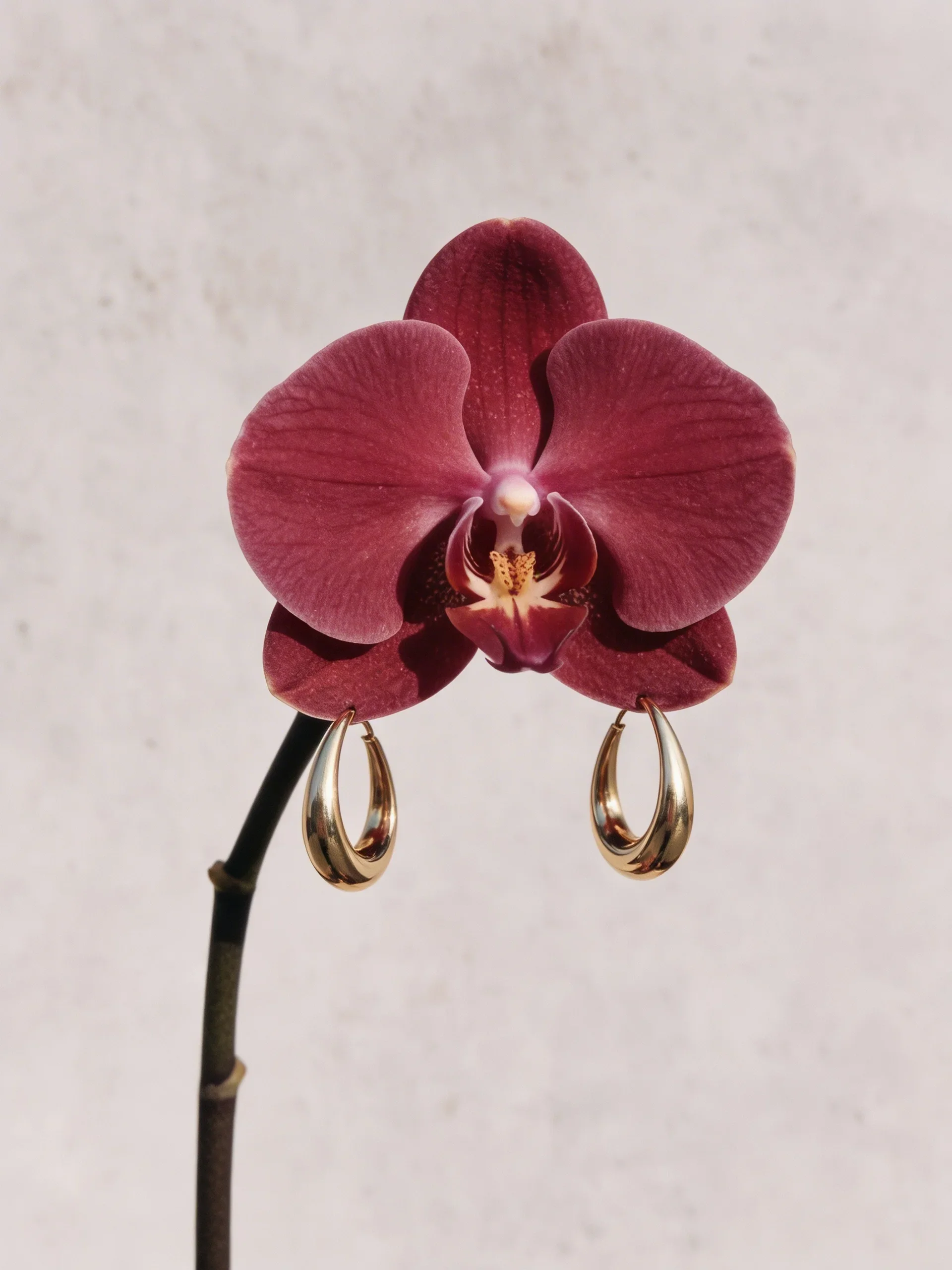 AI campaign visual jewelery brand:A pink and purple orchid flower with two gold hoop earrings hanging from its petals.