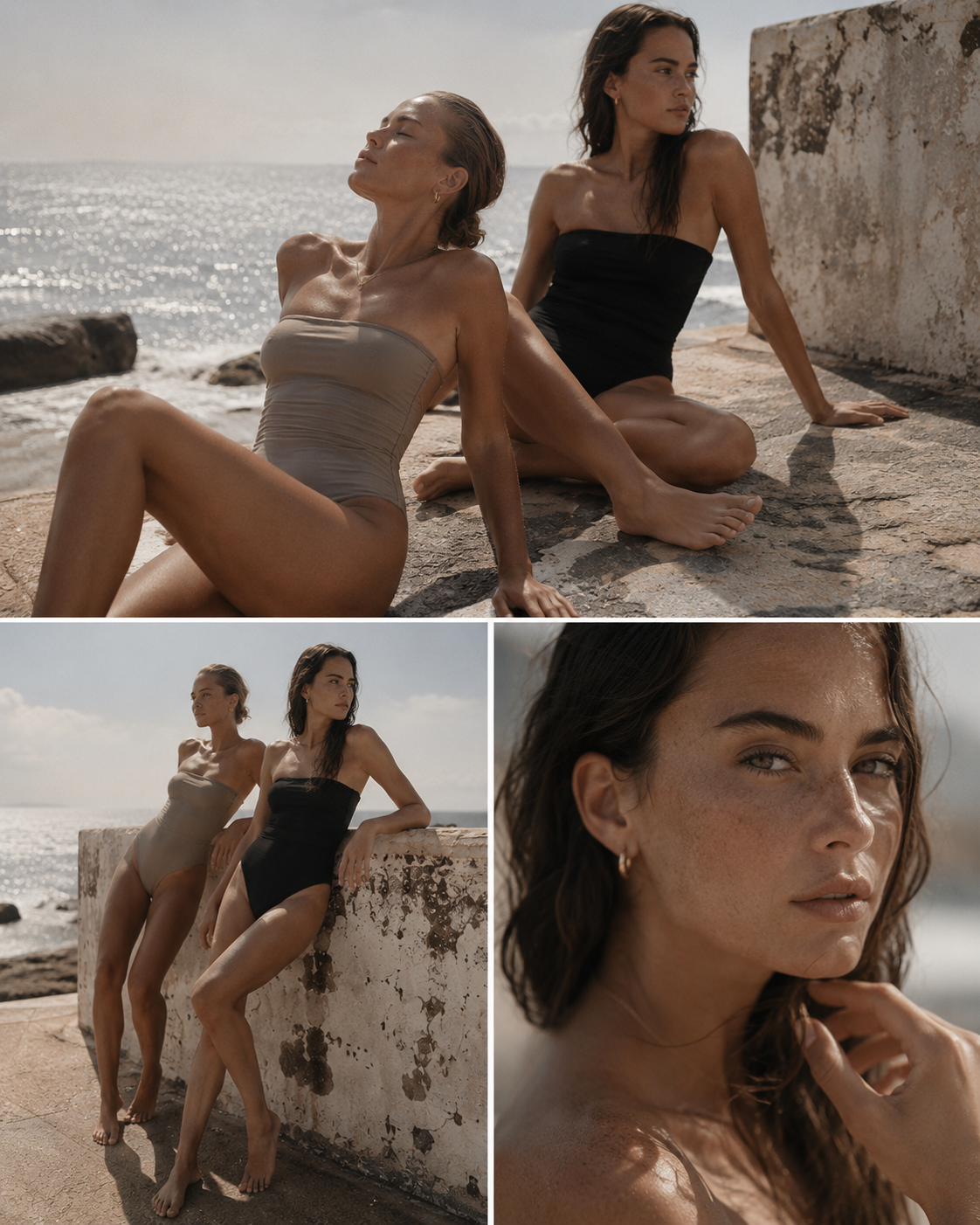 AI campaign visual fashion swimsuit brand: :Two women in swimsuits sitting on rocks by the ocean, relaxing and enjoying the sun. Close-up shot of the woman with dark hair and freckles.