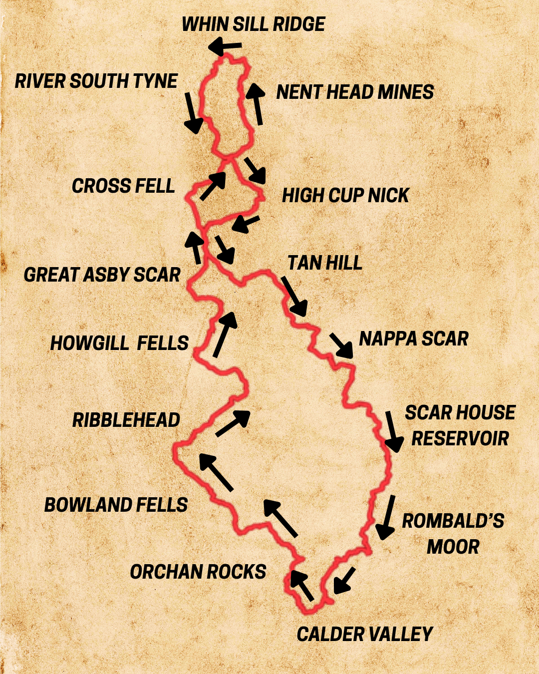 Route of the Pennine 500 bikepacking trial in the Pennines, England, UK