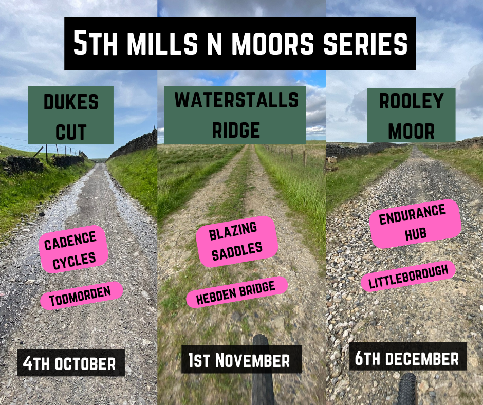 Mills n Moors Series - three bike events from ocal bike shops with differetn routes for gravel bikes and mtbs 30km to 95km day rides
