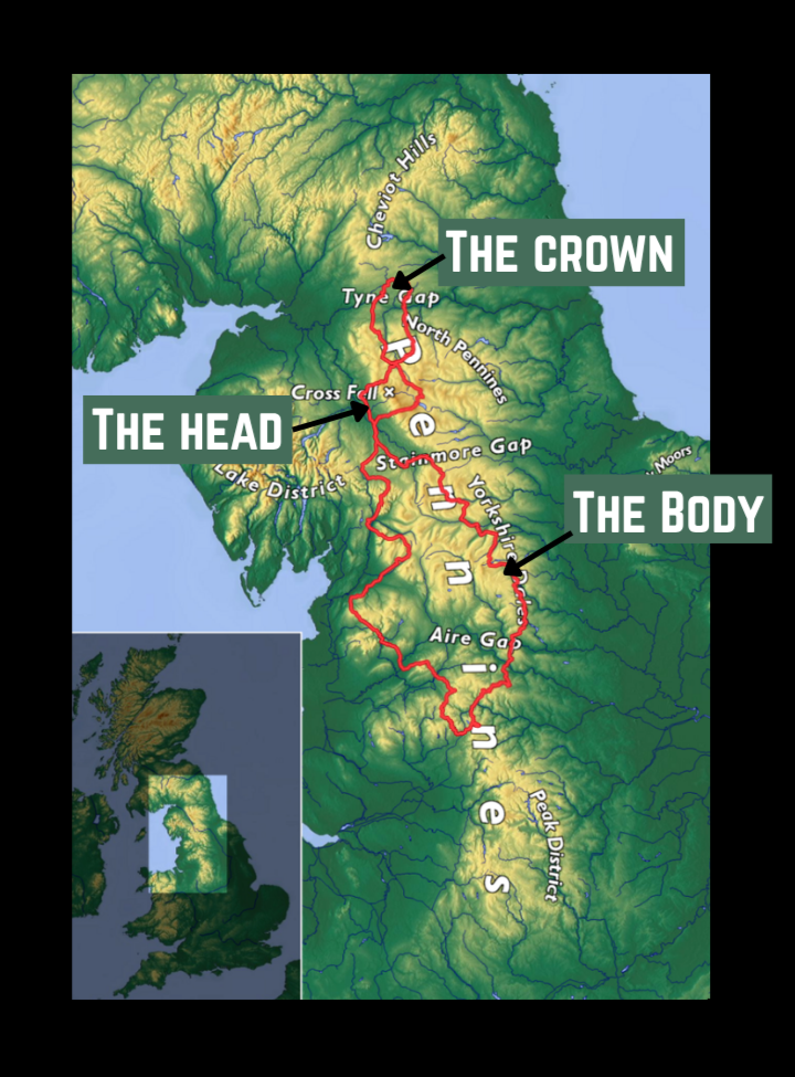 Three sections of the Pennine 500 trail called the 'body', the 'head' and the 'crown'