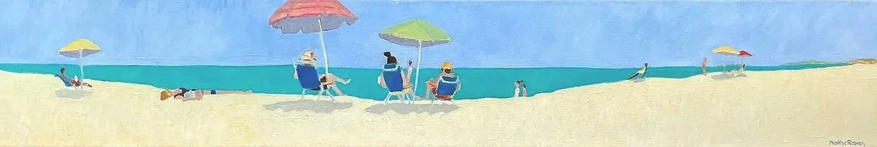 Umbrella day  at Long Point, oil on canvas 6"H x 36"W