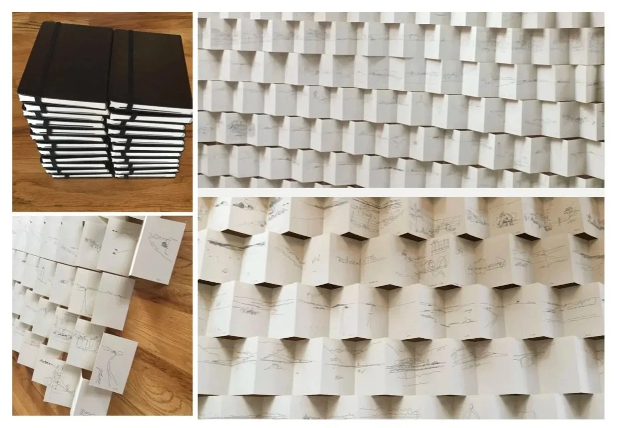 TRAIN DRAWING: Drawing Across America: LA to NYC  (photos of sketchbooks folded and unfolded) 