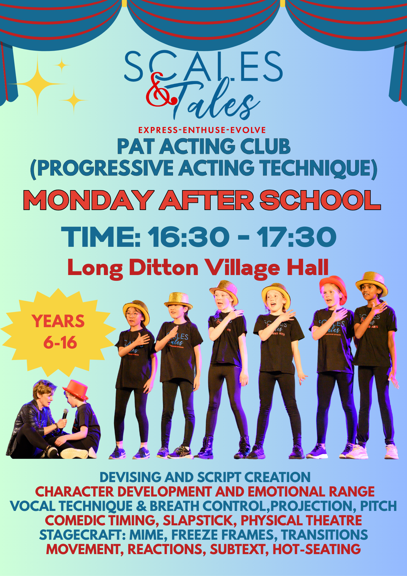 Poster for an acting club event featuring children performing on stage in black T-shirts and colorful hats, with a woman in the lower left assisting a young performer with a microphone.