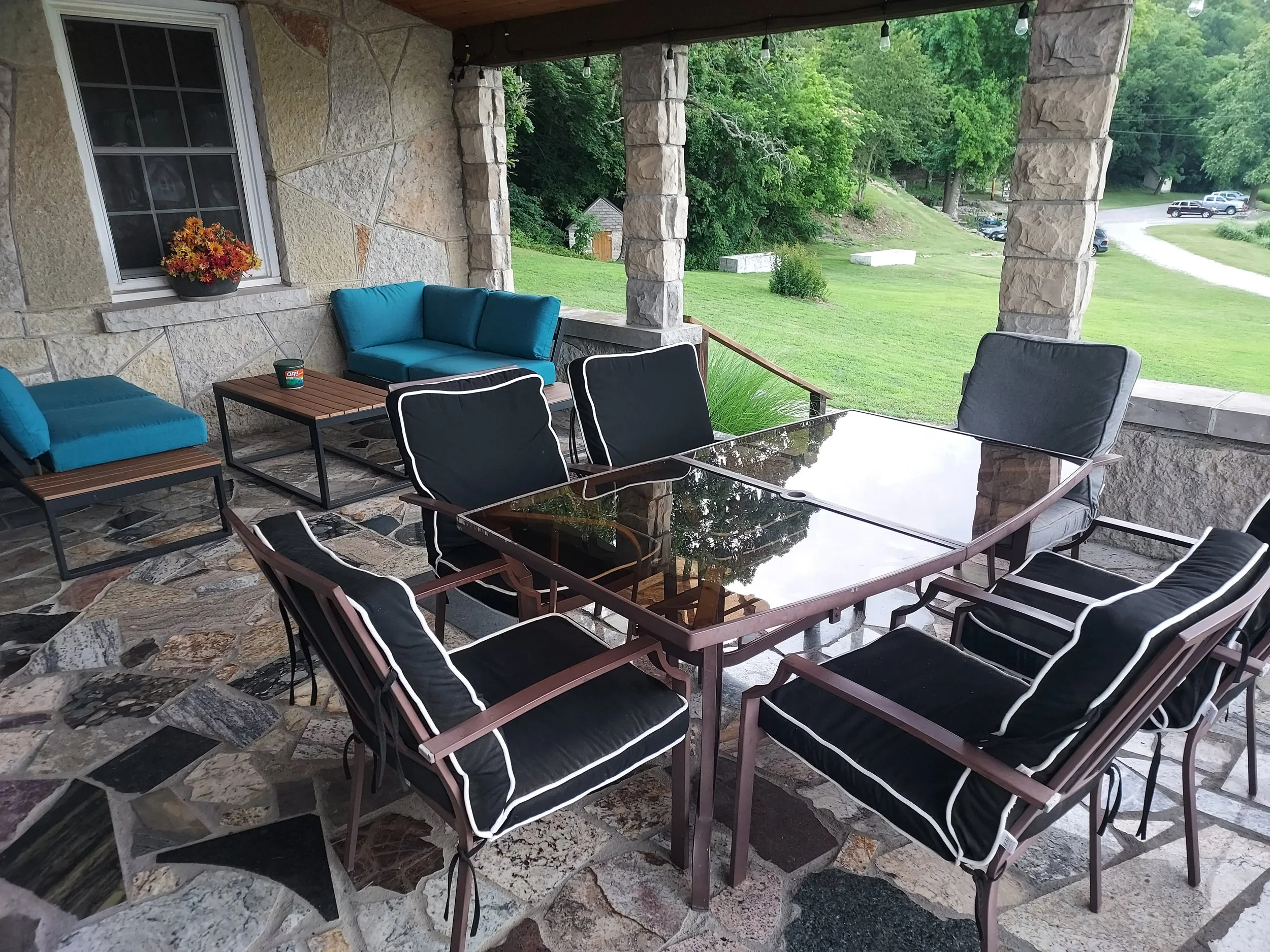 Front patio with inlaid granite, exterior fan