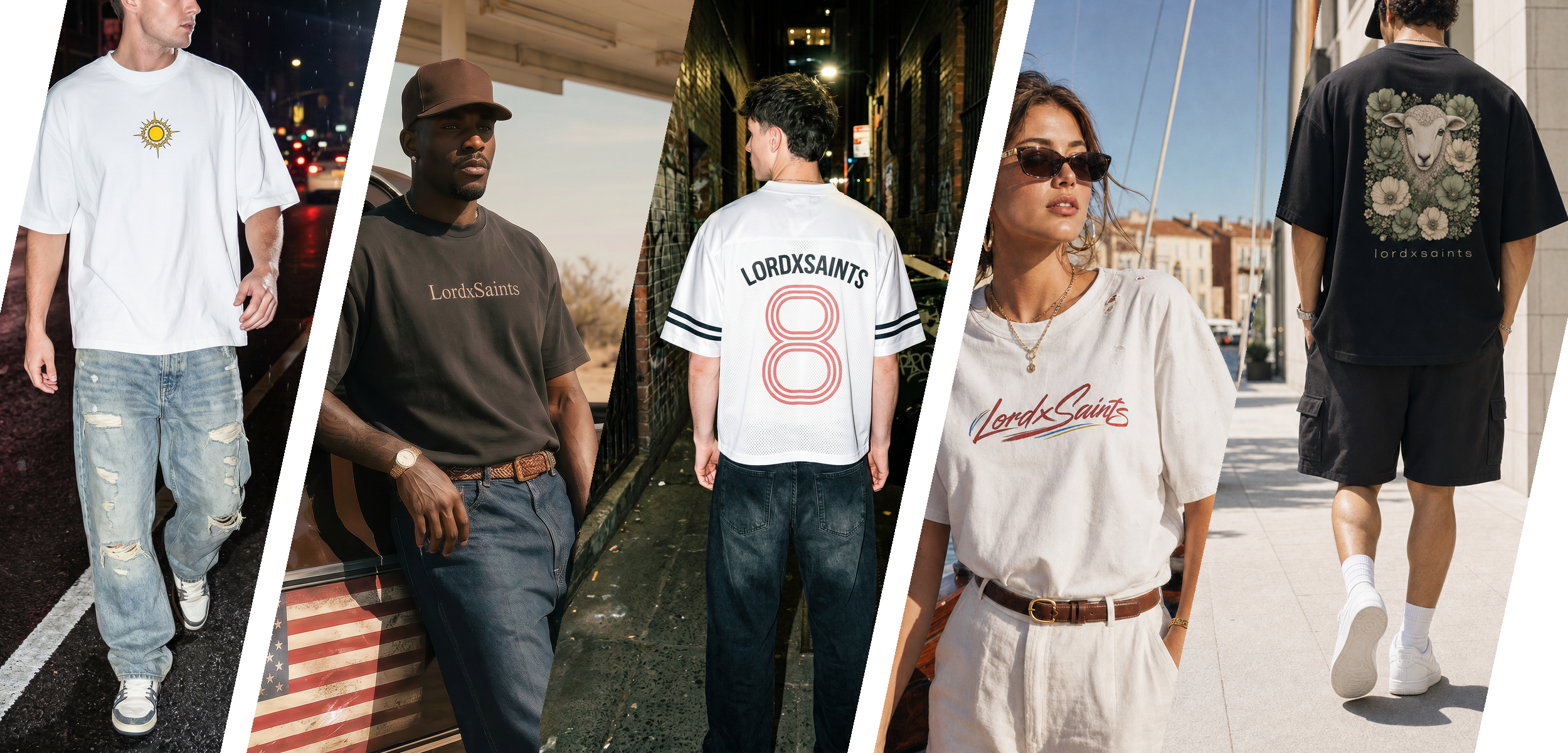 A collage of five people wearing different casual clothing, including t-shirts, jerseys, and hoodies, with various urban and outdoor backgrounds.