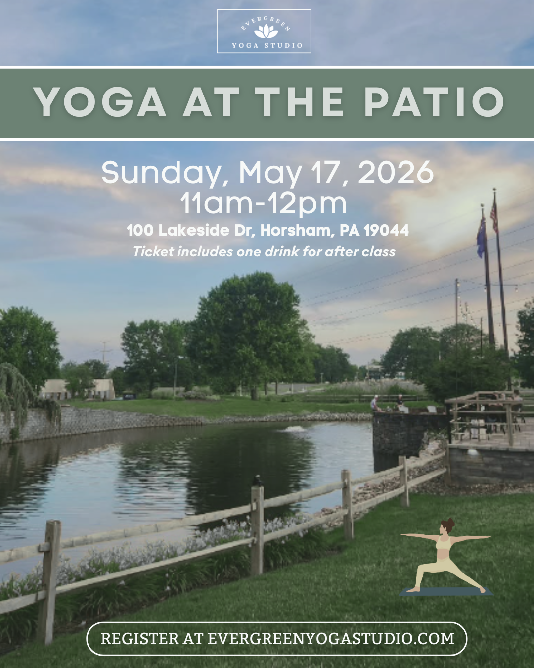 Yoga at the Patio in Horsham and taught by Evergreen Yoga Studio in Hatboro, PA