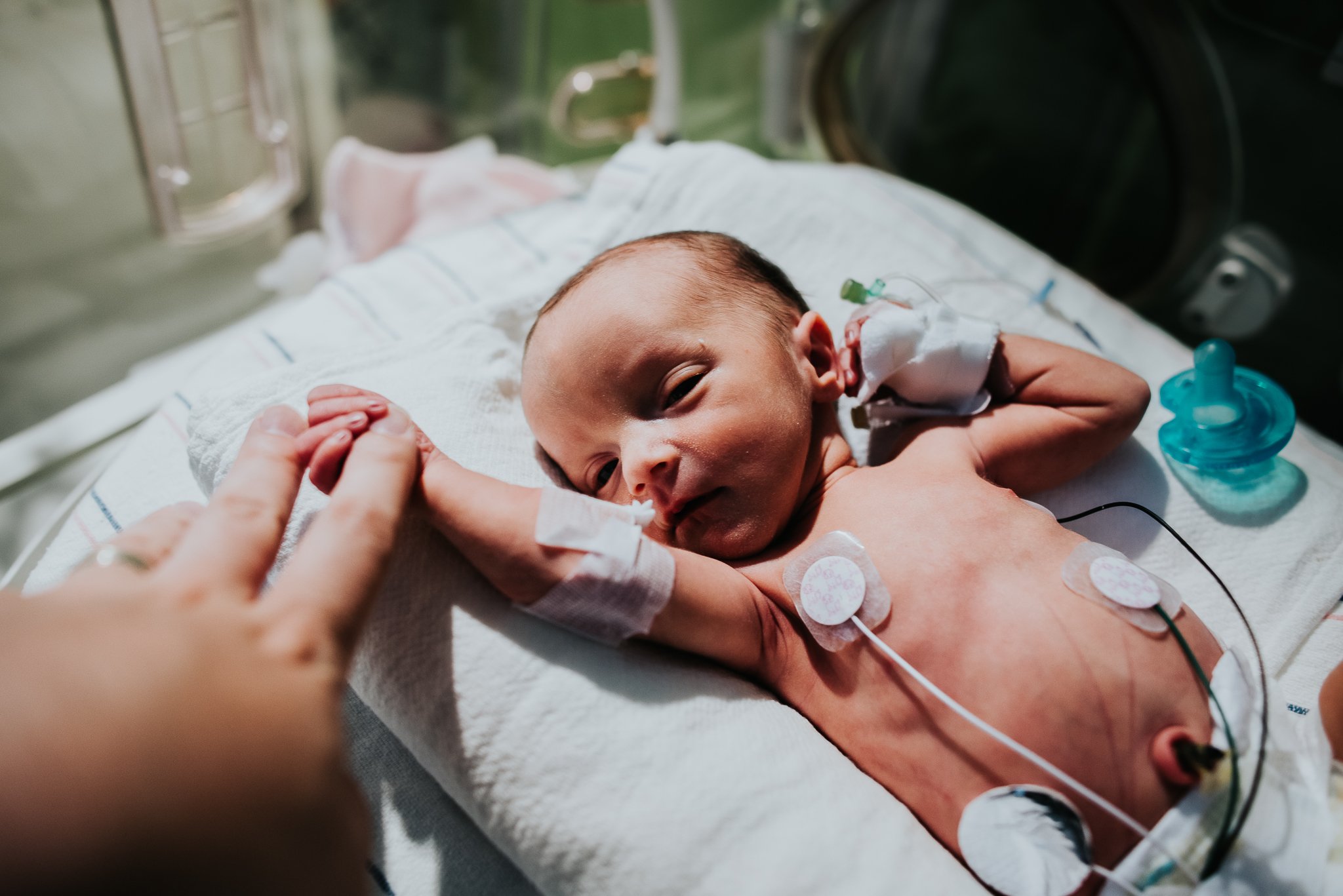 NICU-baby-in-warmer-holds-dads-hand