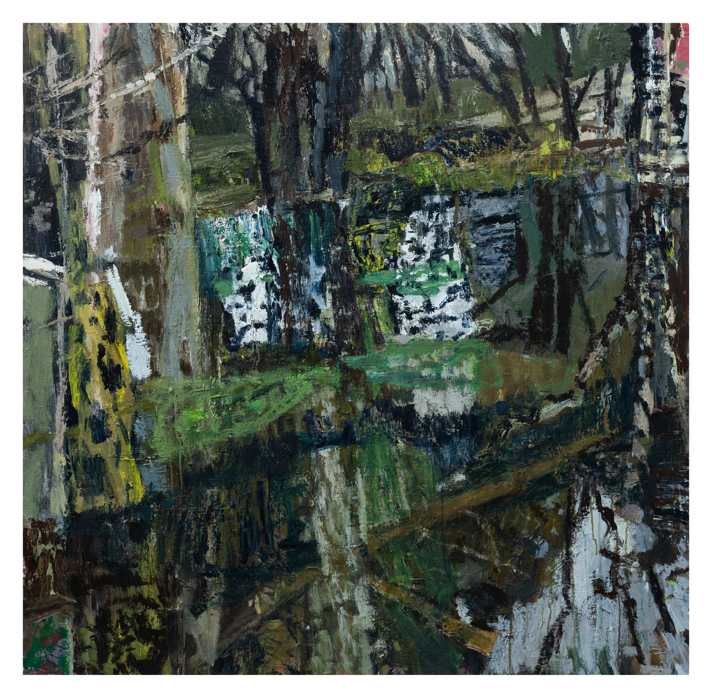 'Dark flickerings - Black water woods' 2023 acrylic on linen 130 x 130cm