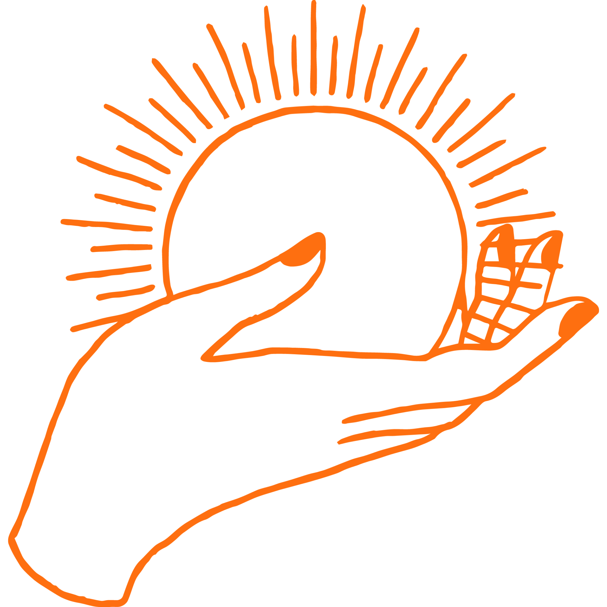 Hand-drawn illustration of a hand holding the Sun, outlined in bright orange.