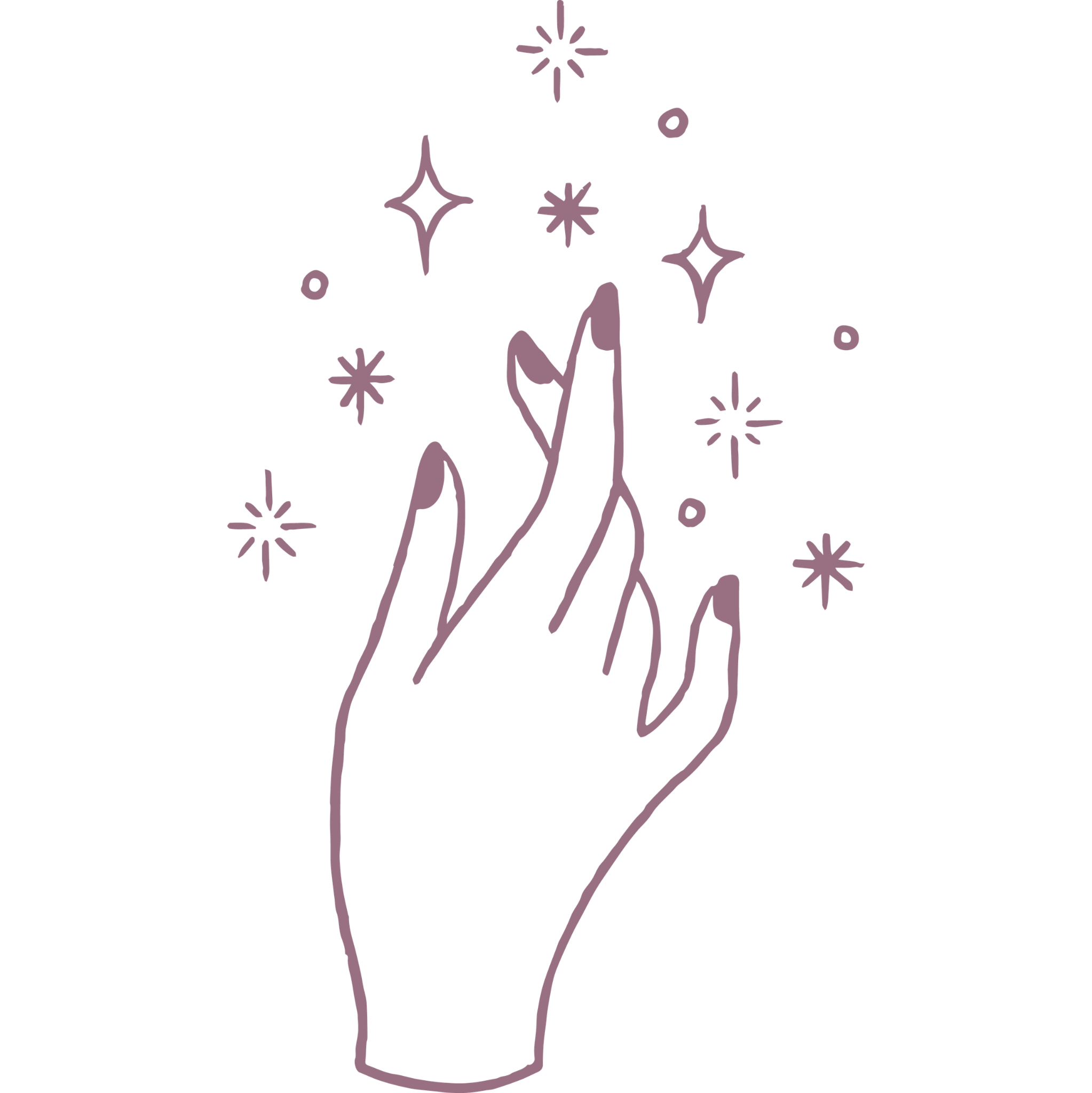 Hand-drawn illustration of a hand touching the stars, outlined in dusty mauve.