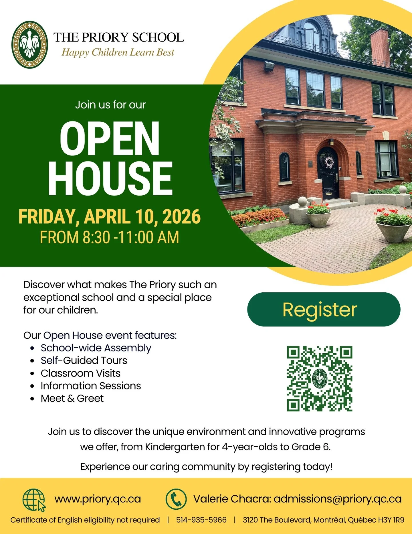 Come discover what sets The Priory apart.

Join us for our Open House
Friday, April 10, 2026
8:30 a.m.

Register today:
priory.qc.ca

Venez d&eacute;couvrir ce qui nous distingue.

Au plaisir de vous rencontrer !
Portes ouvertes
Vendredi 10 avril 202